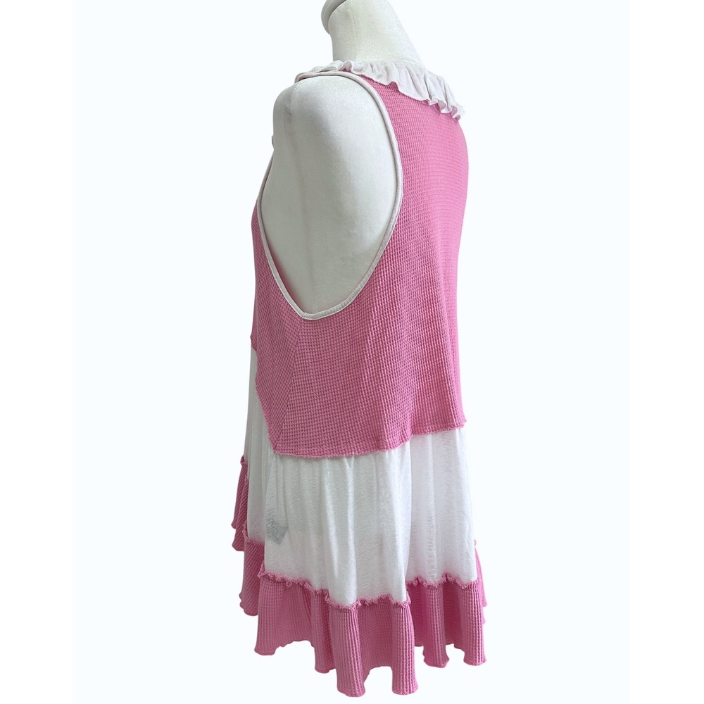 POL Waffle Knit Tank Top Women Medium Pink White Ruffle Tiered Boho FKT554 - Picture 2 of 11